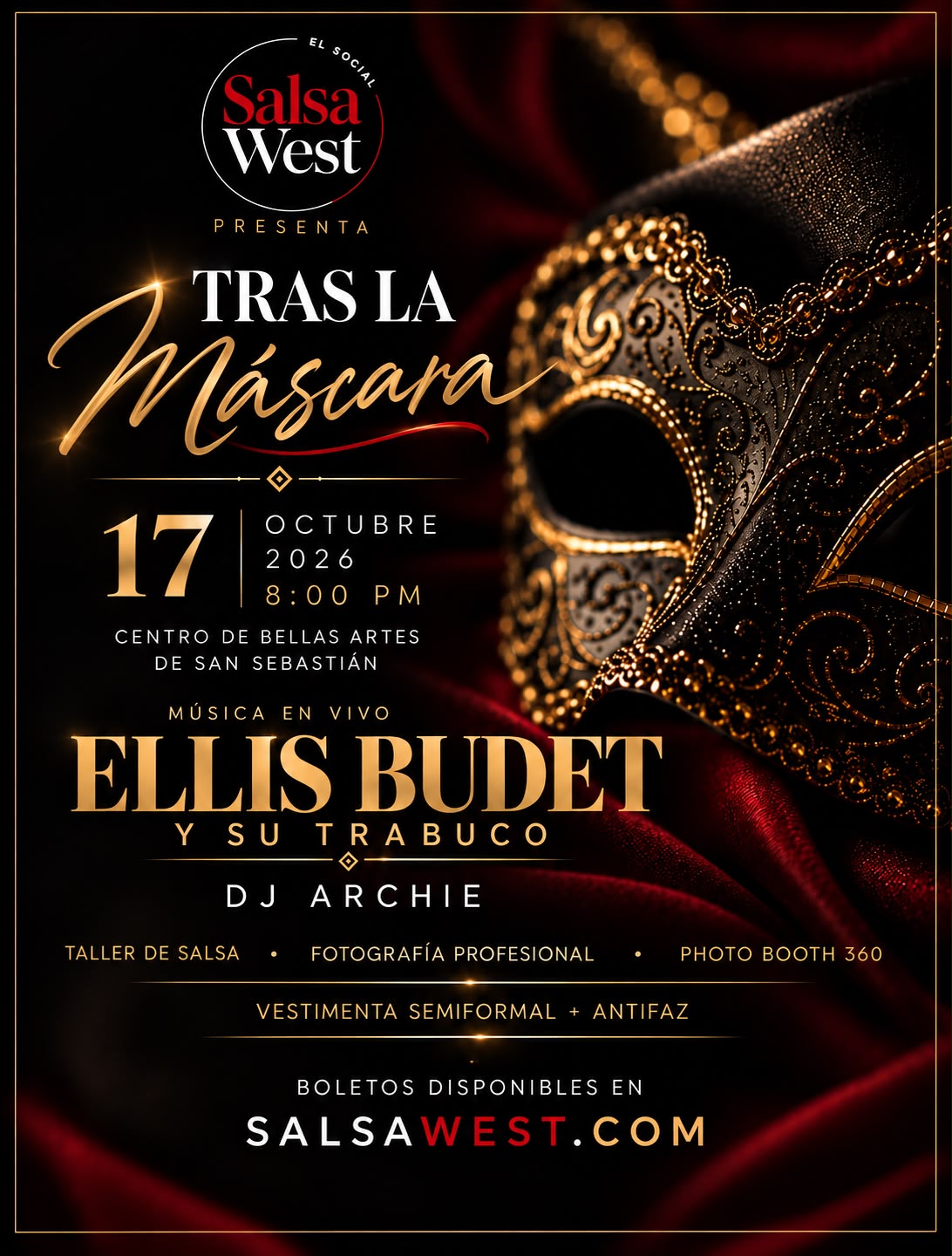 Tras la Máscara — sábado, 17 de octubre de 2026, Centro de Bellas Artes, San Sebastián, PR